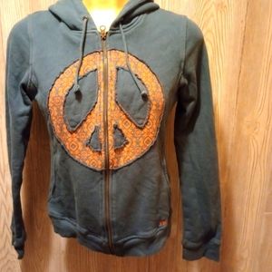 Prana medium women zip up blue hoodie w peace sign